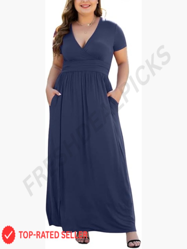 Plus Size Maxi Dress V-Neck Short Sleeve Elegant Casual Chic With Pockets